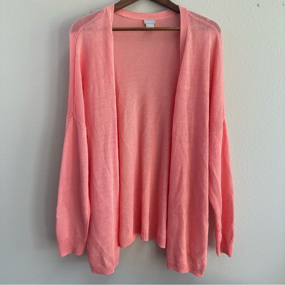Chicos Womens Size 3 Linen Blend Coral Pink Open Knit Cardigan Sweater XL